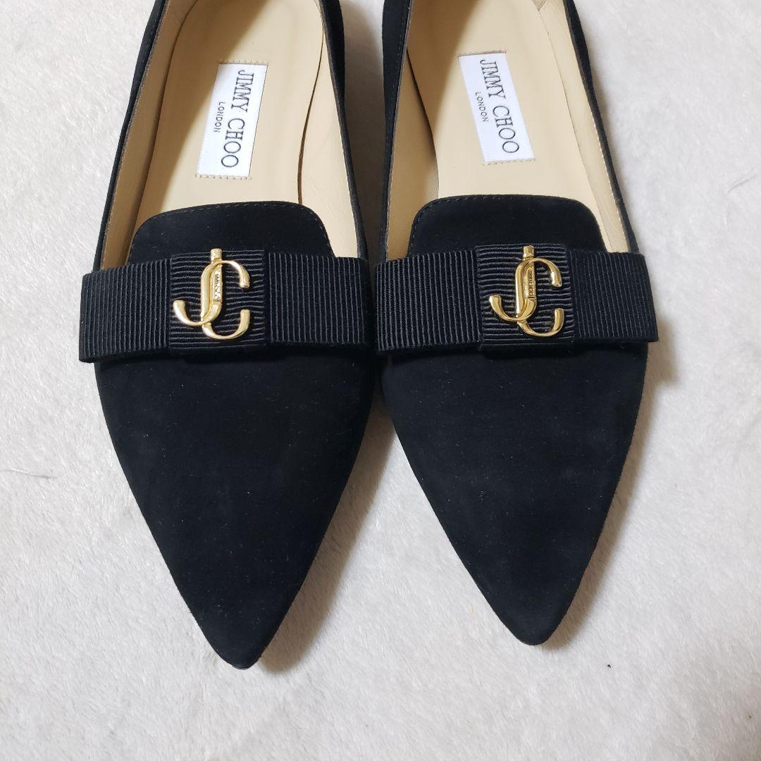 JIMMY CHOO フラットシューズ　ジミーチュウ　37 ロゴ　スエード　黒