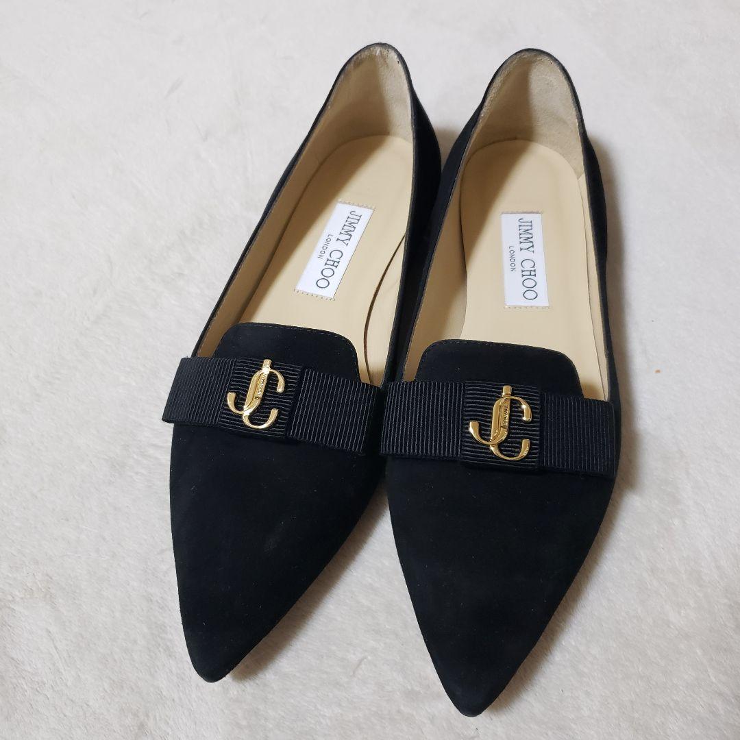 JIMMY CHOO フラットシューズ　ジミーチュウ　37 ロゴ　スエード　黒