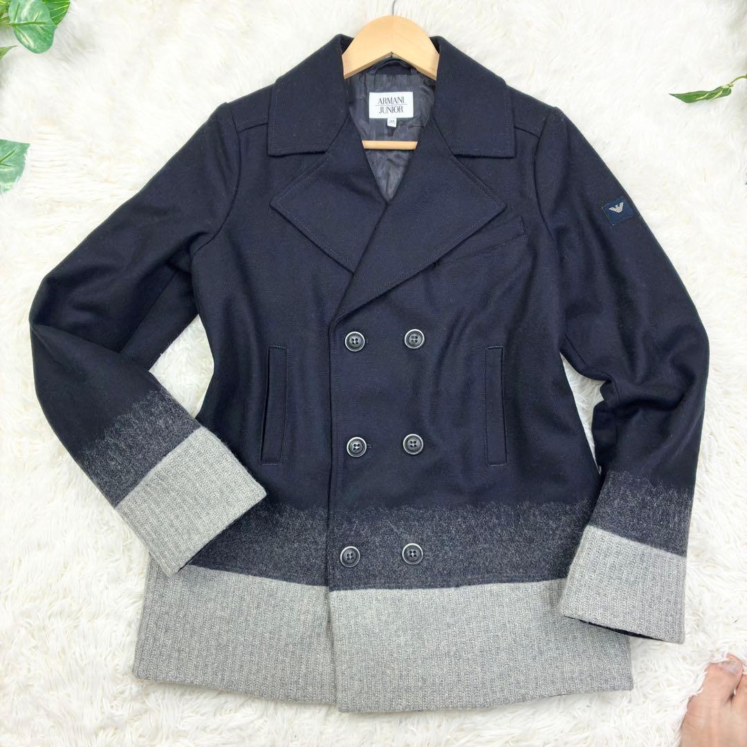 美品　アルマーニジュニア　ウールメルトン　ニット切替　ピーコート　14A　紺色