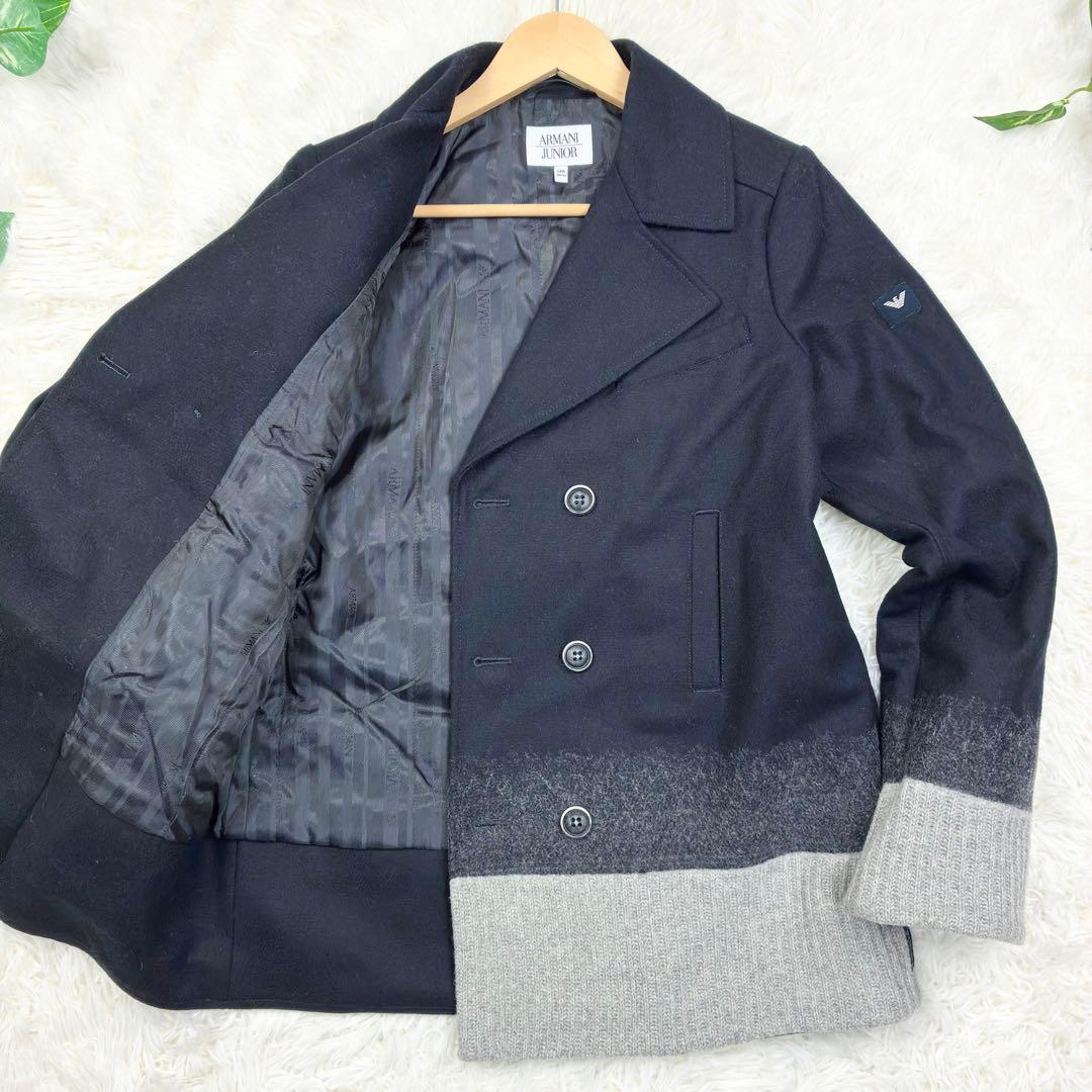 美品　アルマーニジュニア　ウールメルトン　ニット切替　ピーコート　14A　紺色