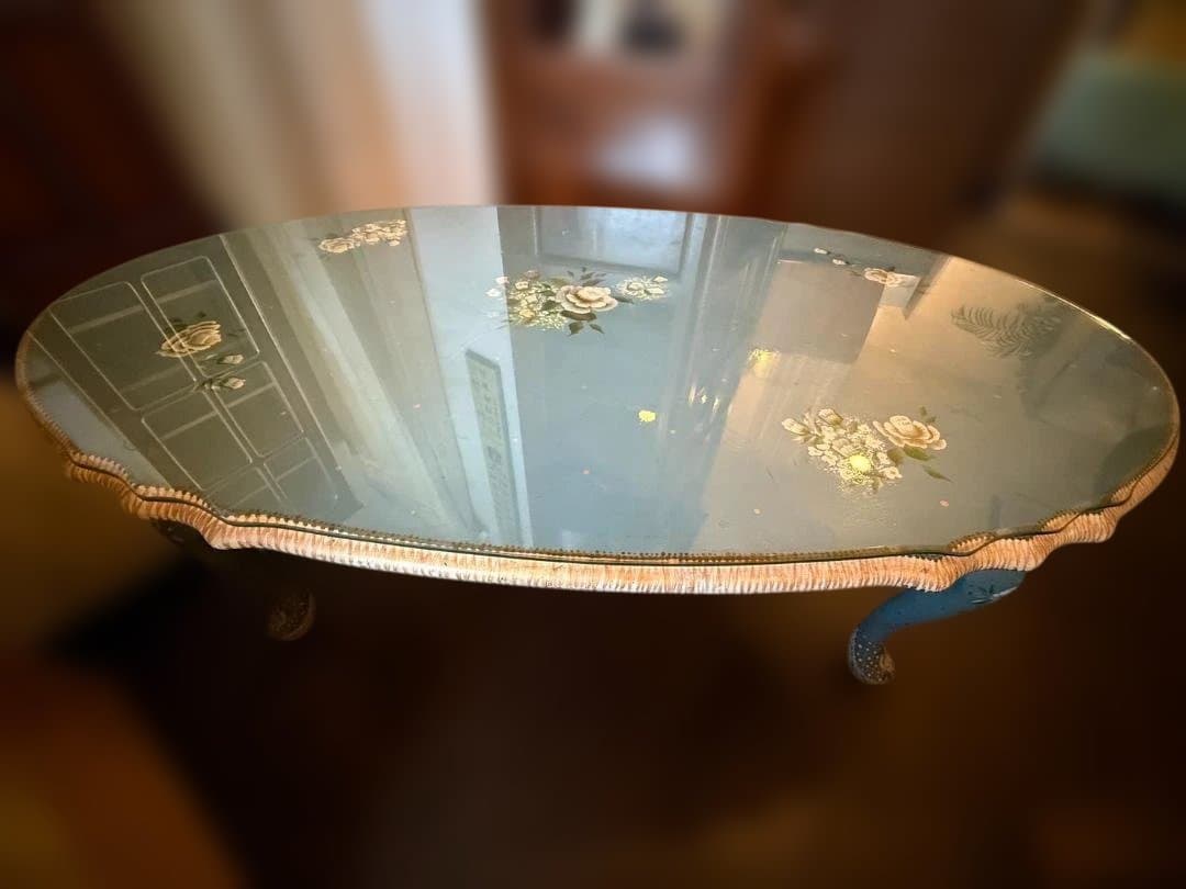 脚 ガラス ローテーブル 幅105cm 花柄ペイント 姫家具 アンティーク