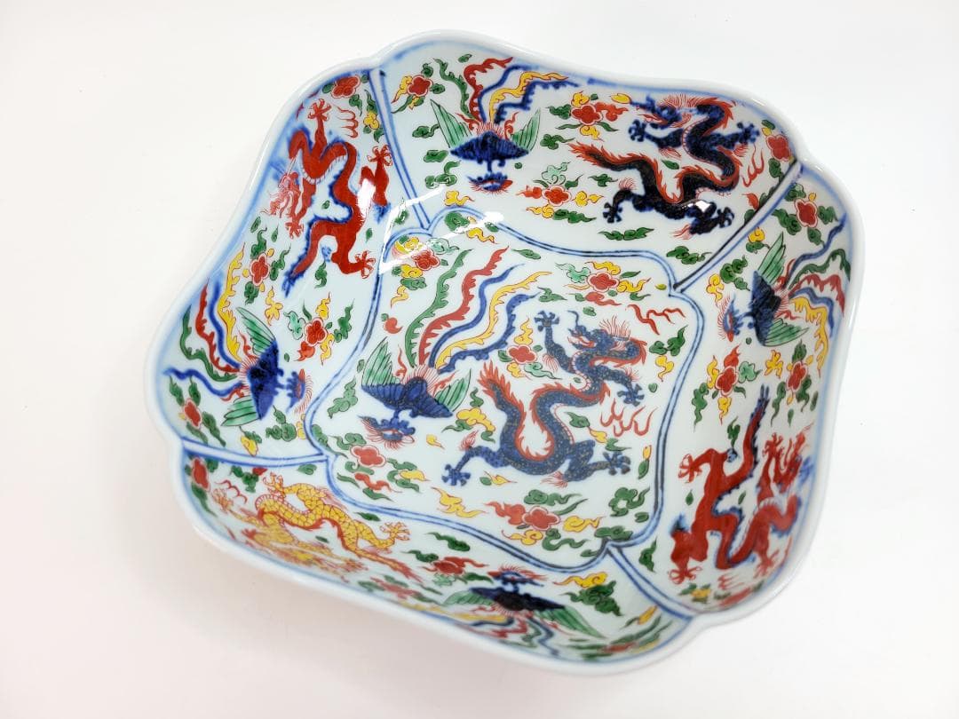 彌左衛門作 染錦万暦龍鳳凰絵 花形大鉢 古伊万里　コレクション　骨董品