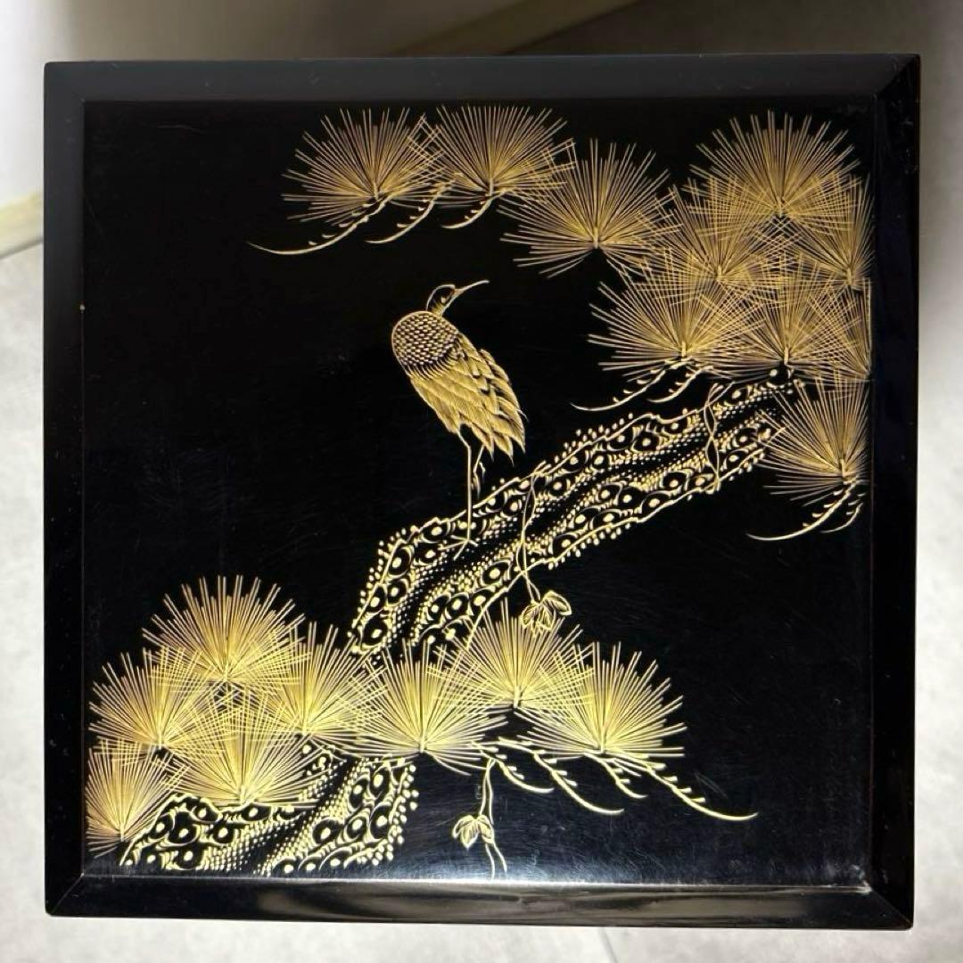 豪華セット◽️蒔絵 4段重箱 鶴松 重台付き 蓋2枚 漆器 骨董 昭和レトロ 正月
