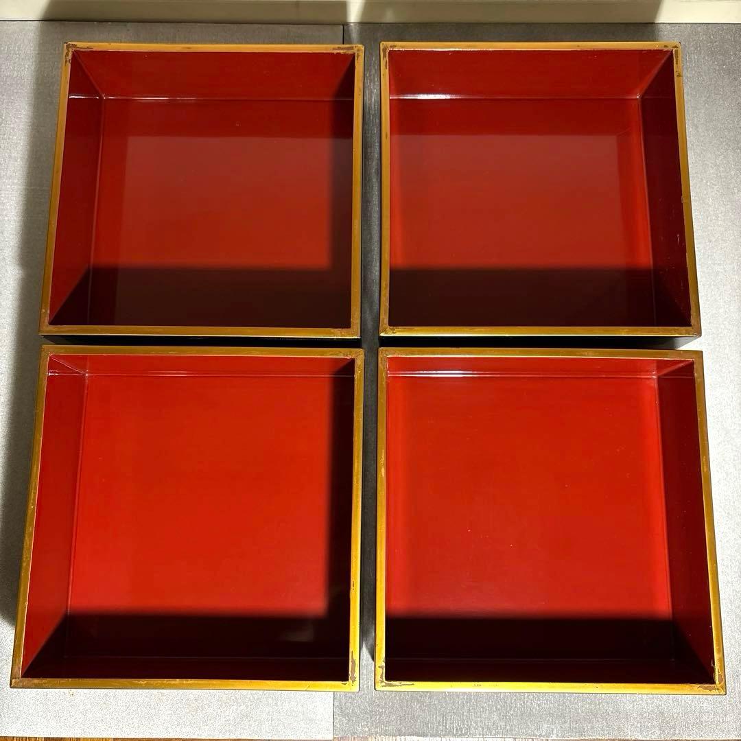 豪華セット◽️蒔絵 4段重箱 鶴松 重台付き 蓋2枚 漆器 骨董 昭和レトロ 正月