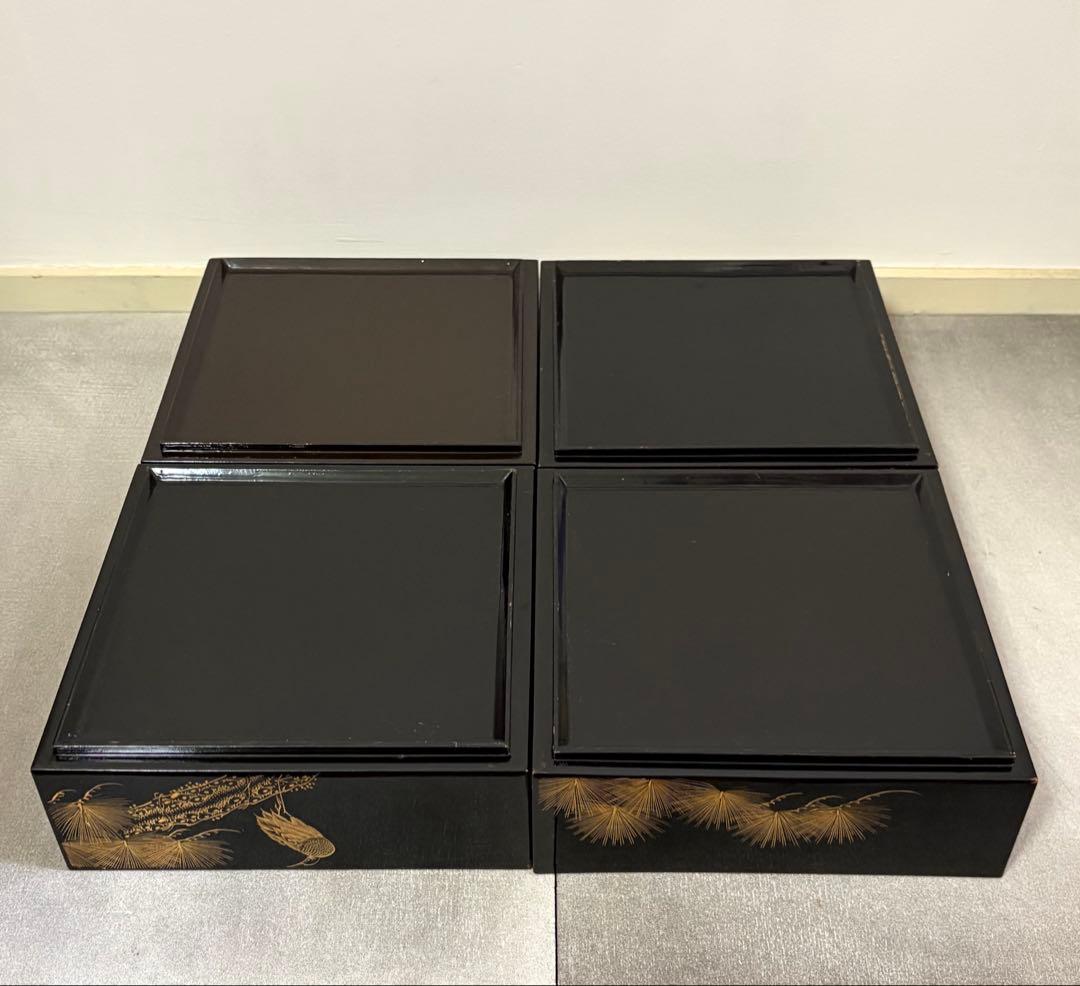 豪華セット◽️蒔絵 4段重箱 鶴松 重台付き 蓋2枚 漆器 骨董 昭和レトロ 正月