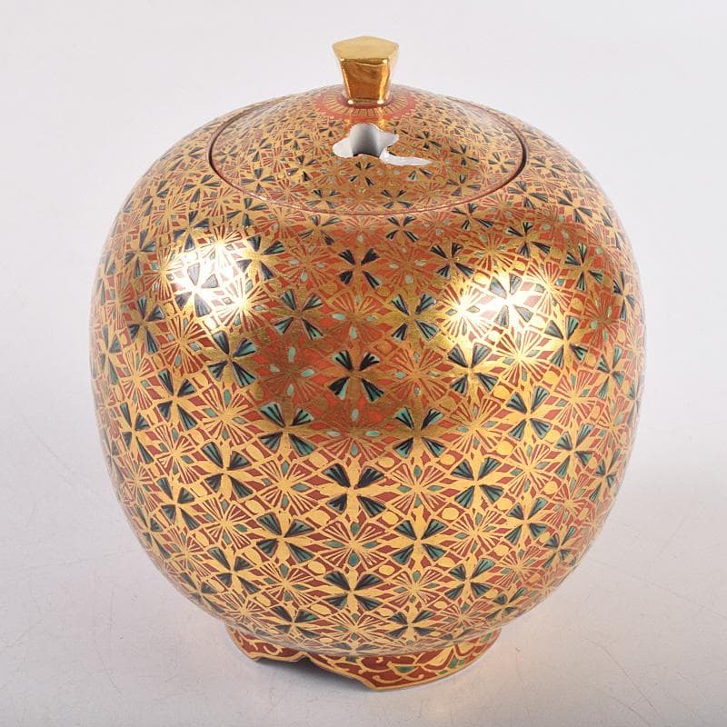 九谷焼　山本重義作　金彩　小紋手　香炉　共布共箱　M　R9007