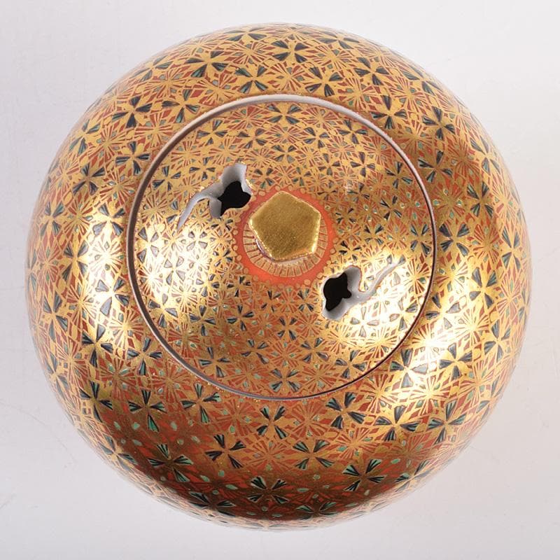 九谷焼　山本重義作　金彩　小紋手　香炉　共布共箱　M　R9007