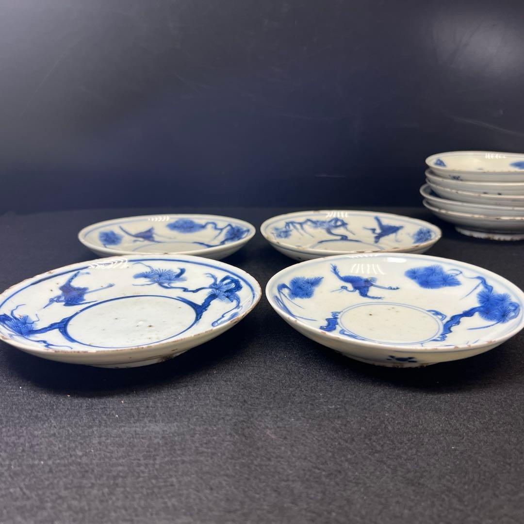 中国明時代　古染付中皿9枚　木箱付　直径約15.5㎝東Y8-0114☆2Fトウル