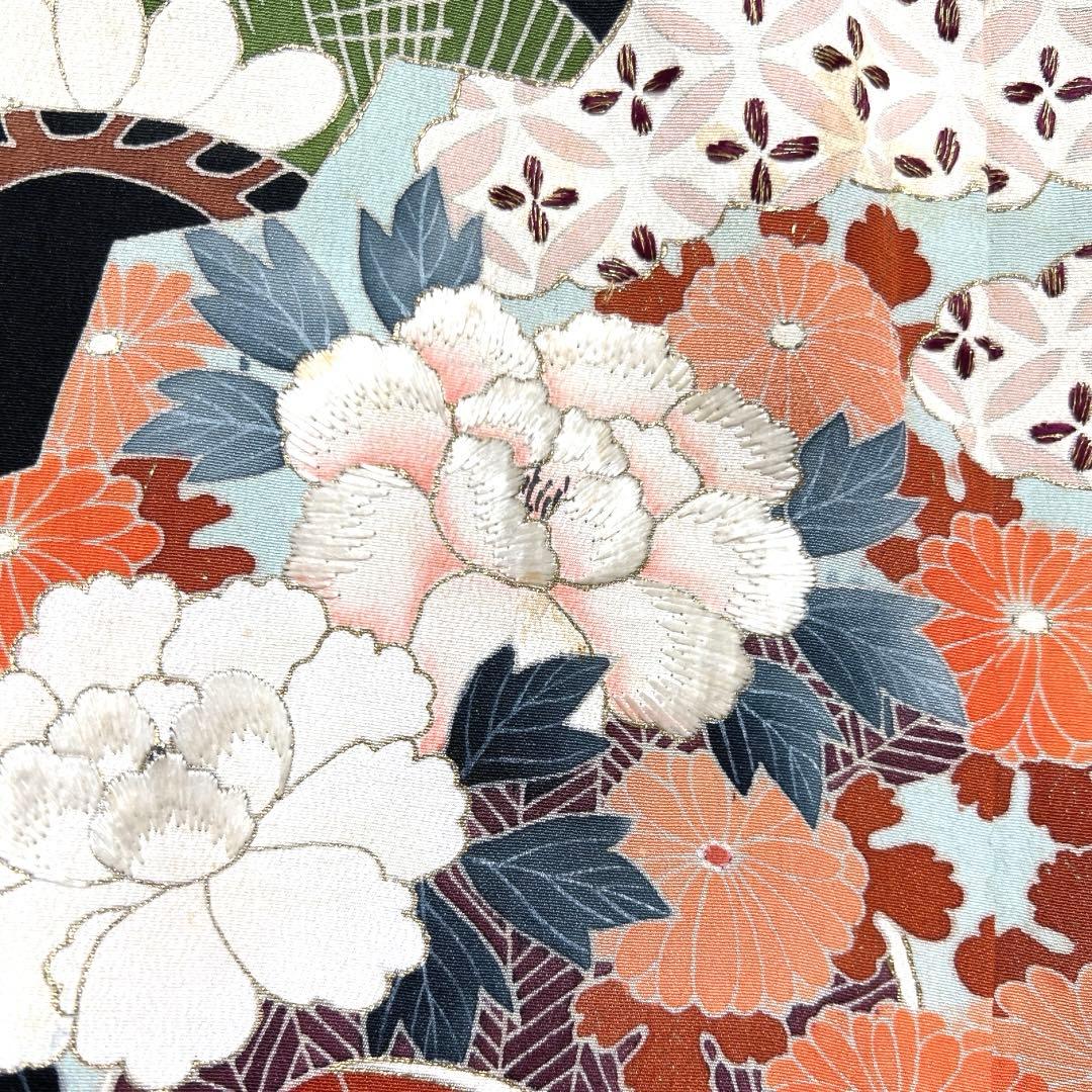 アンティーク　黒留袖　刺繍　束熨斗　巾着　花車　松竹梅　巻物　着物　112b d