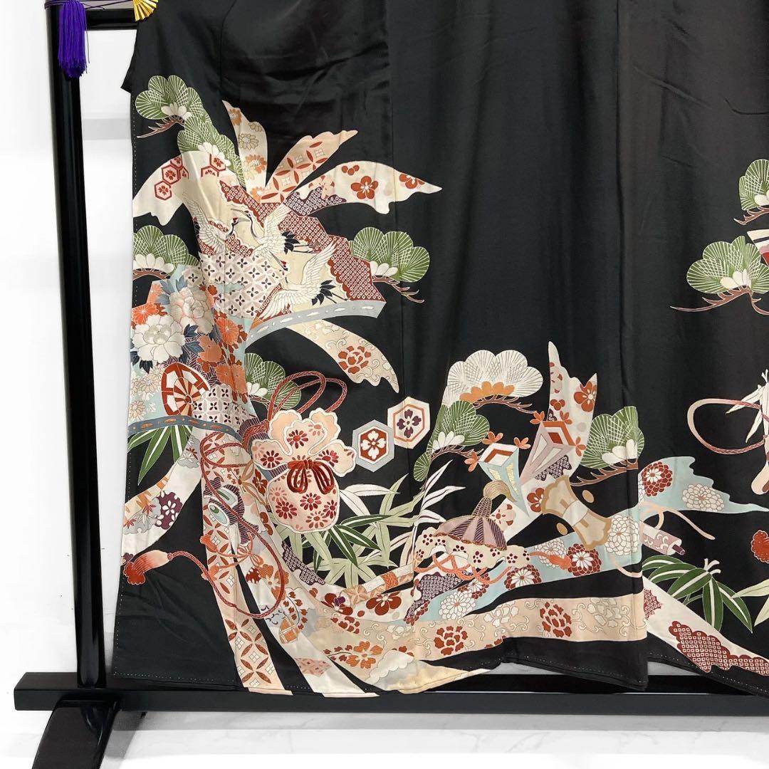 アンティーク　黒留袖　刺繍　束熨斗　巾着　花車　松竹梅　巻物　着物　112b d
