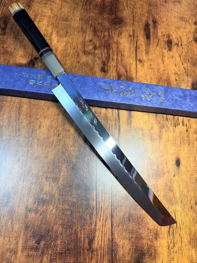 堺打刃物　祥太郎作　反り 先丸 刺身　本焼　白鋼　尺　鏡面　包丁　黒檀水牛八角柄