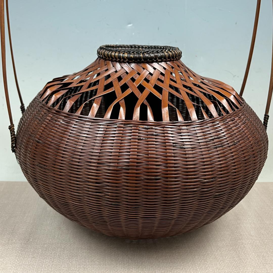 43『淡々斎好写 宝珠籠花入』 平安竹宝斎系統 共箱 落とし 竹籠 花生 茶道具