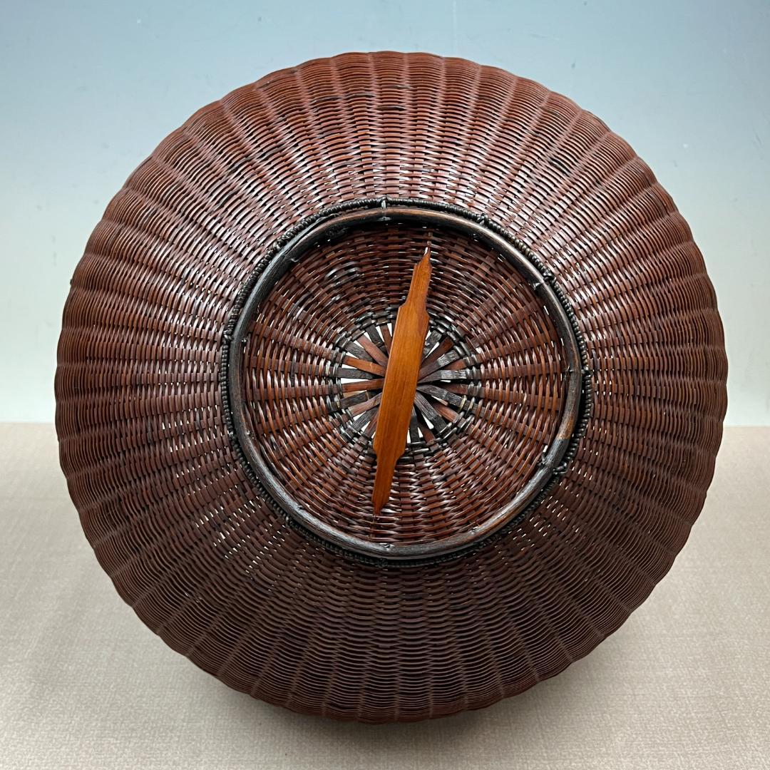 43『淡々斎好写 宝珠籠花入』 平安竹宝斎系統 共箱 落とし 竹籠 花生 茶道具