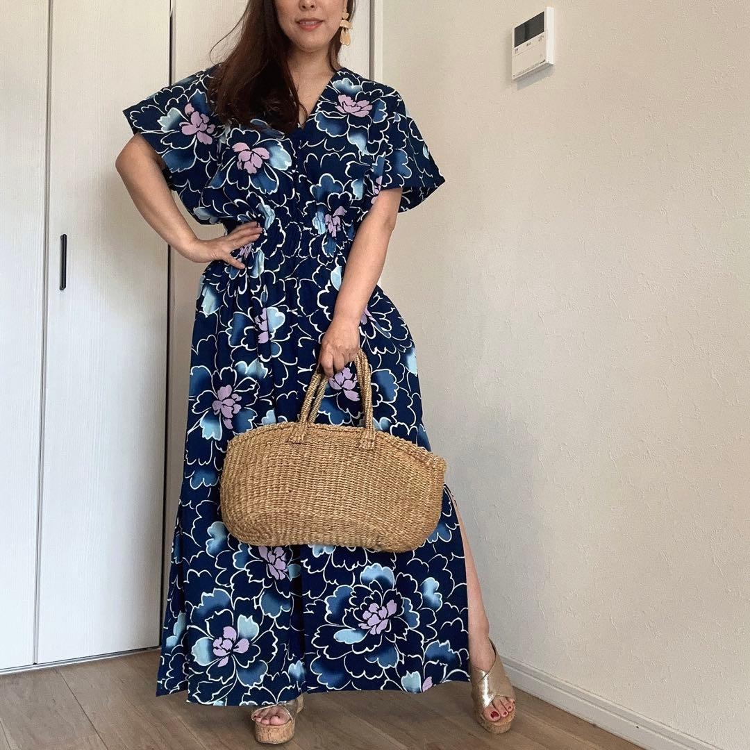 一点物　本染浴衣　ワンピース ハンドメイド　ロング　マキシ　シンプル　紺　綿