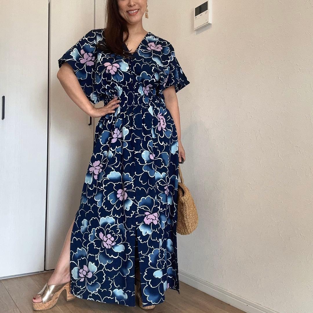 一点物　本染浴衣　ワンピース ハンドメイド　ロング　マキシ　シンプル　紺　綿