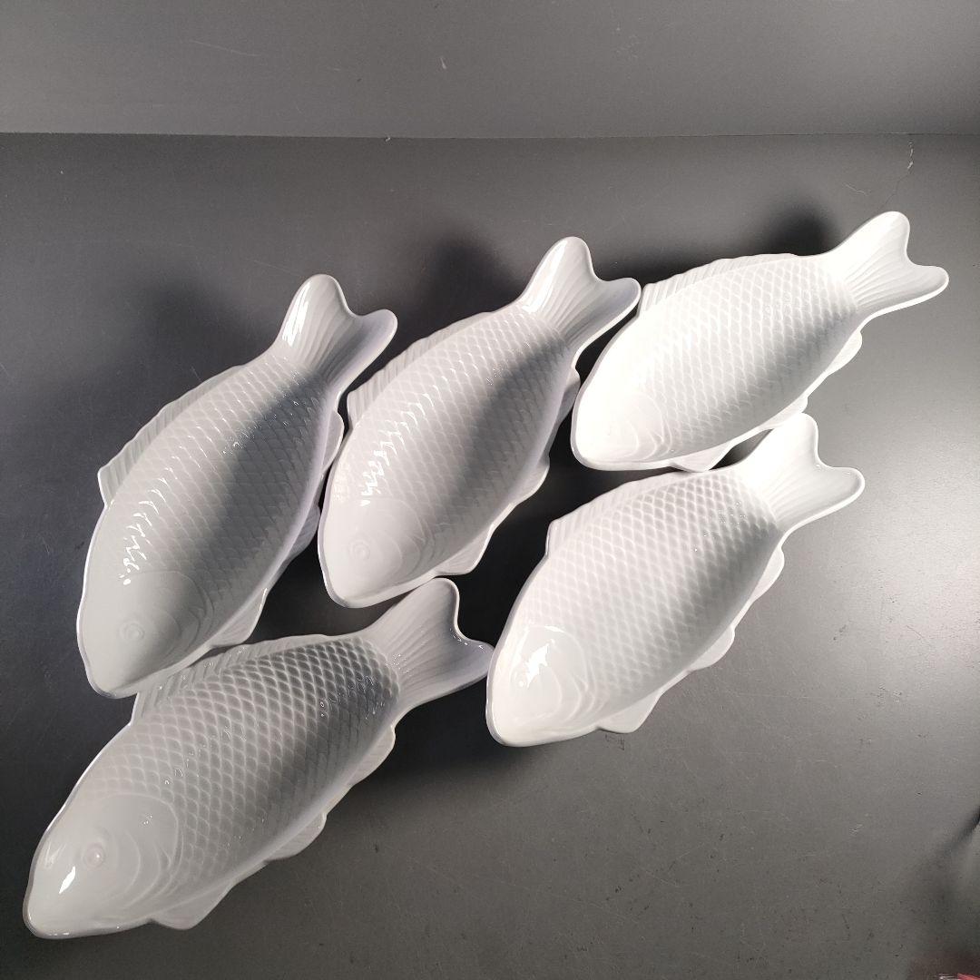 A1374-3/京峰 作/白磁魚文銘々皿5客/大皿/飾皿/盛皿/膾皿/懐石道具/