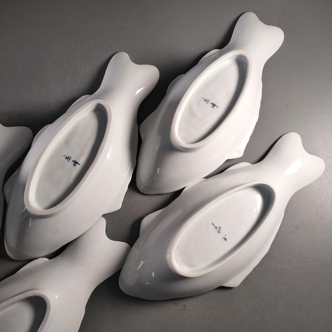 A1374-3/京峰 作/白磁魚文銘々皿5客/大皿/飾皿/盛皿/膾皿/懐石道具/