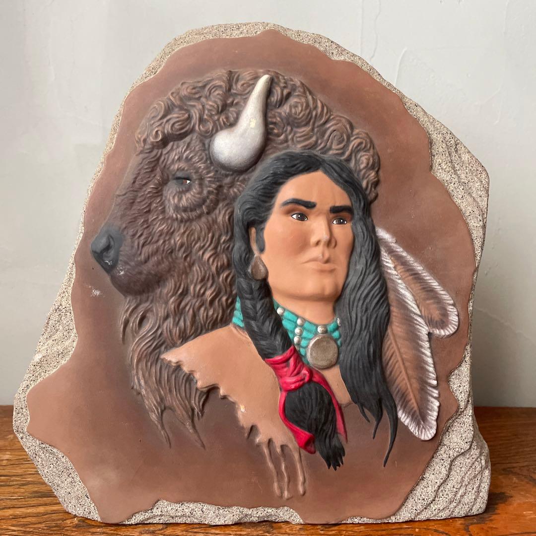 確認用　ネイティブアメリカン　インディアン　バッファロー　置物　サインあり　戦士