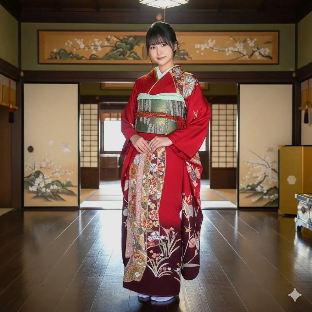 振袖フルセット　高身長　新品　手描き友禅　成人式振袖　振袖　裄丈69 赤