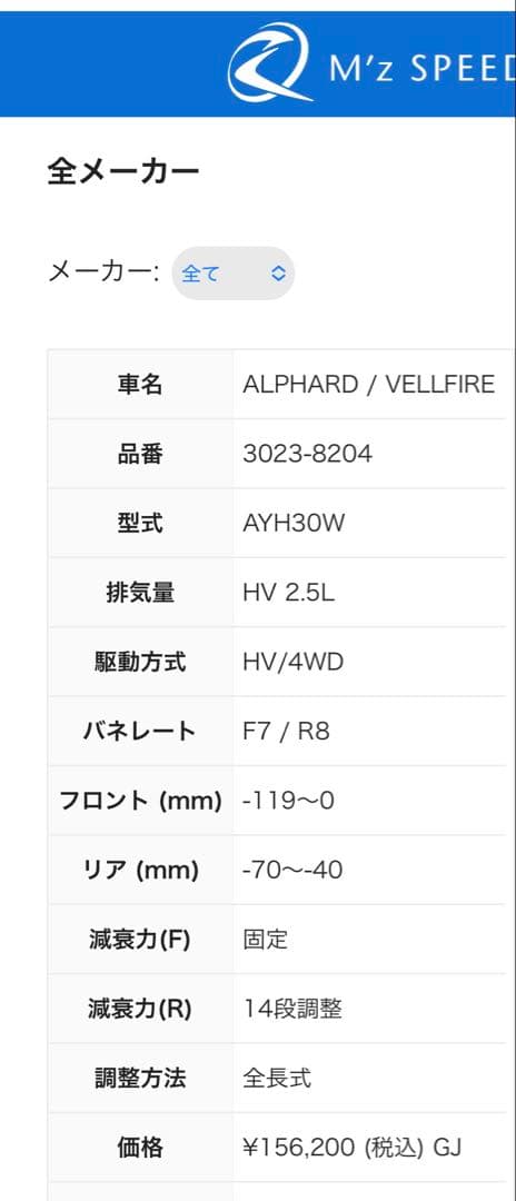 アルファード　エムズスピード×クスコ　車高調セット