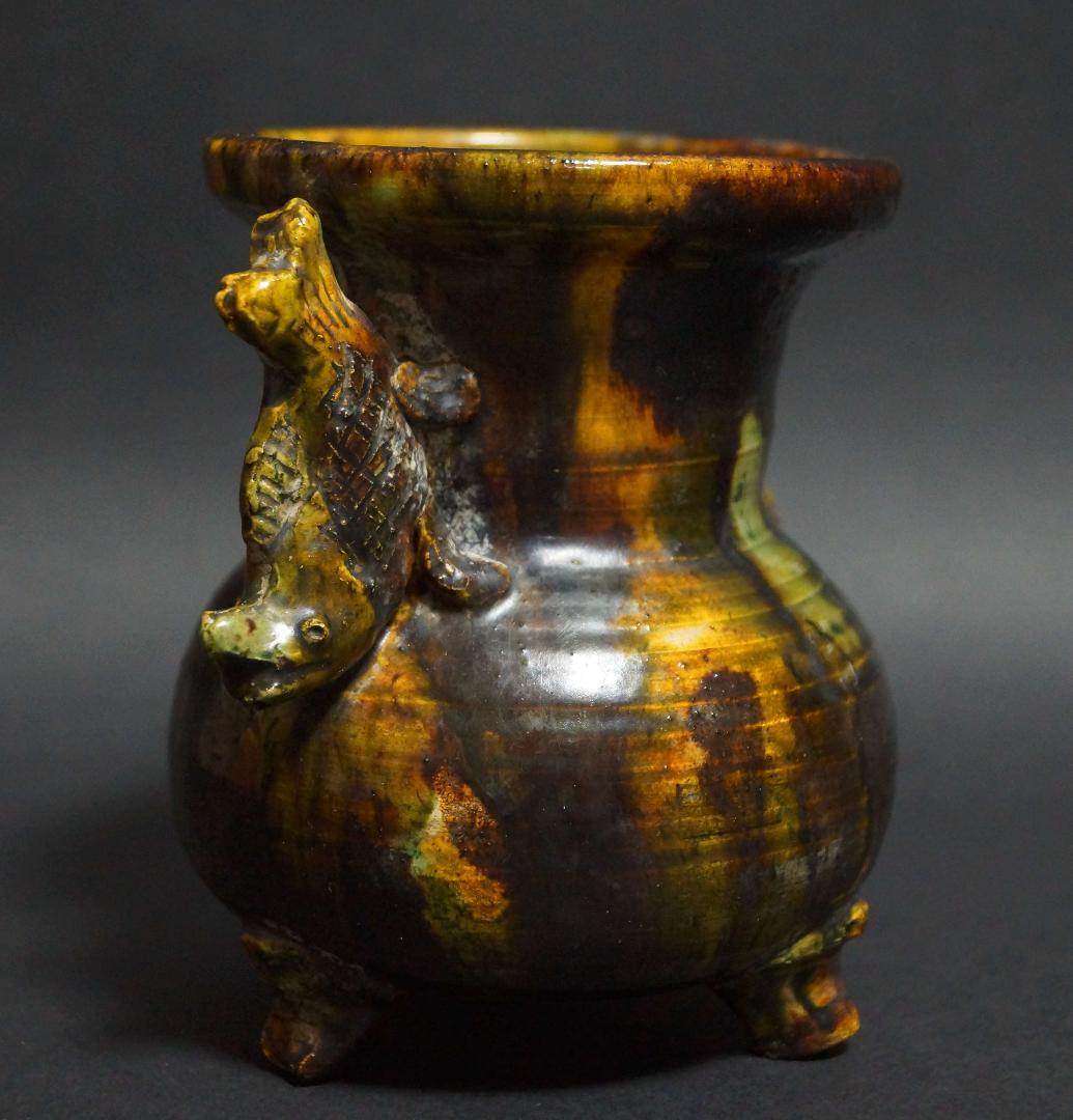 清 古交趾香炉 魚耳双耳 三つ足 箱付 茶事/茶道具★時代物★