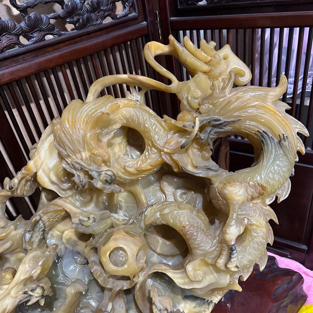 [引き取り限定] 特大　風水　重い　とても立派な龍彫刻　石彫刻　五龍図　木台付き