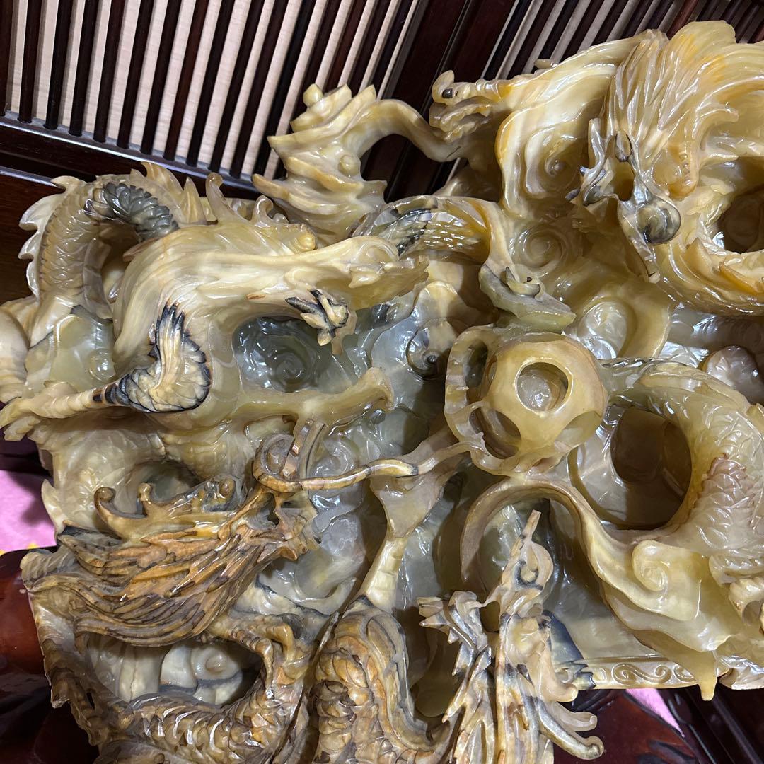 [引き取り限定] 特大　風水　重い　とても立派な龍彫刻　石彫刻　五龍図　木台付き