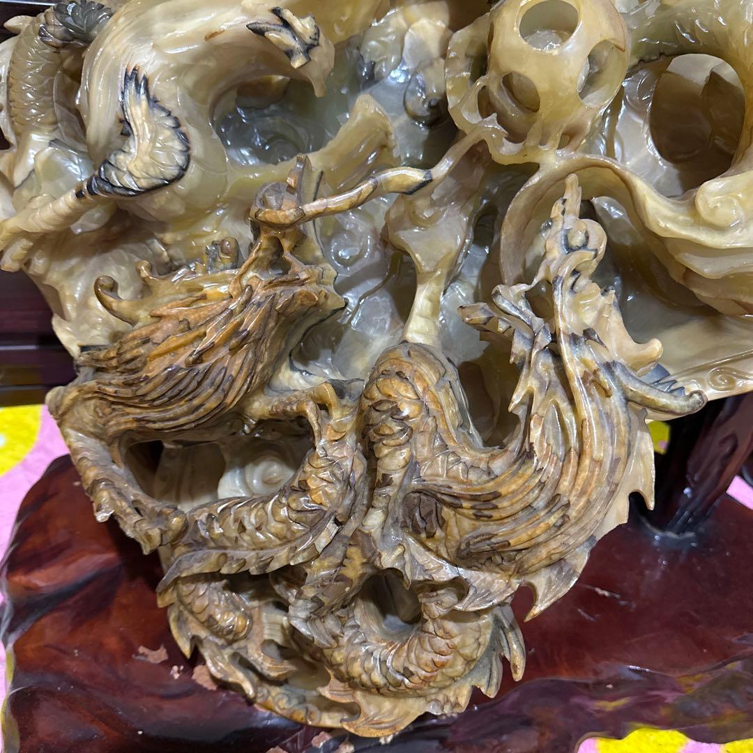 [引き取り限定] 特大　風水　重い　とても立派な龍彫刻　石彫刻　五龍図　木台付き