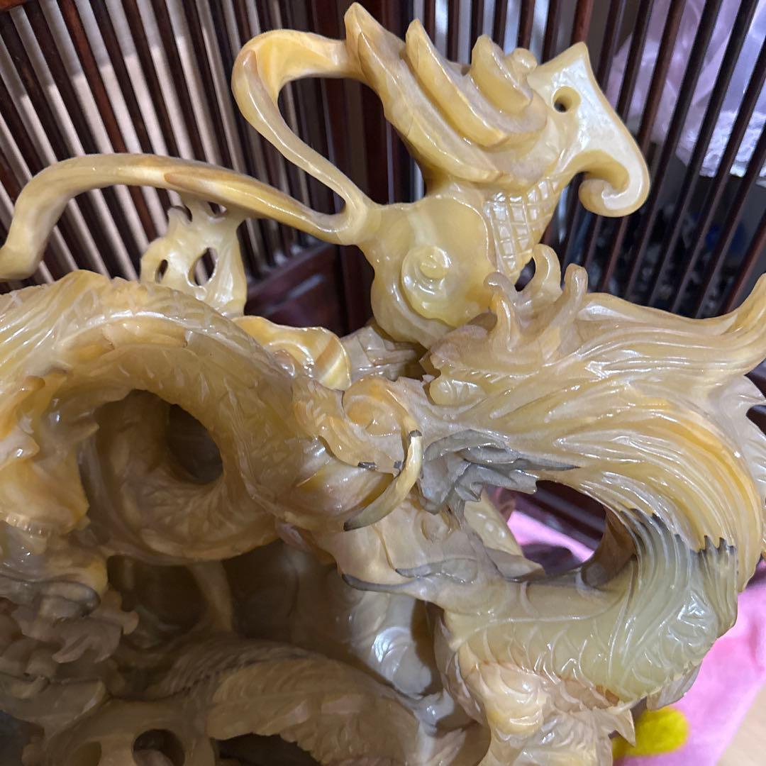 [引き取り限定] 特大　風水　重い　とても立派な龍彫刻　石彫刻　五龍図　木台付き