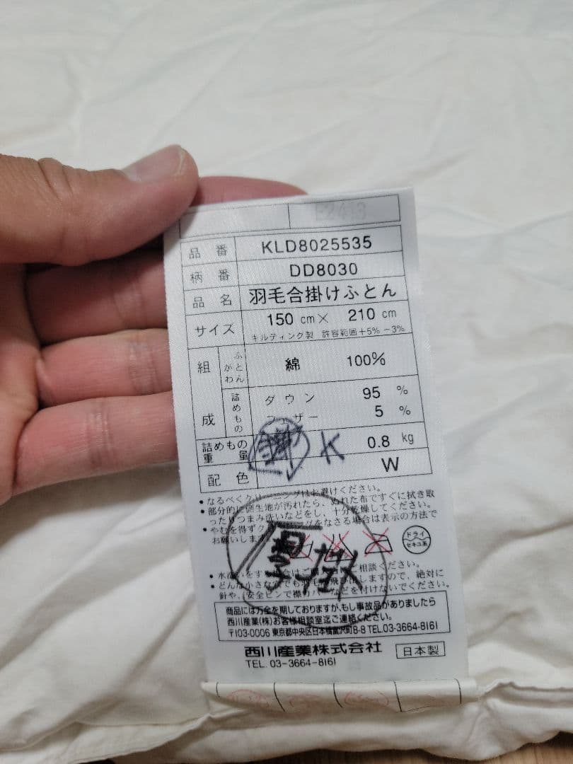 羽毛掛け布団 西川産業 合掛け インペリアルダウン150x210cm　ふとん