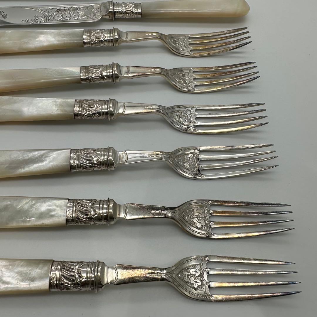 ⭐︎純銀継手 英国製 白蝶貝 マザーオブパールデザートナイフ&フォーク12本 木箱