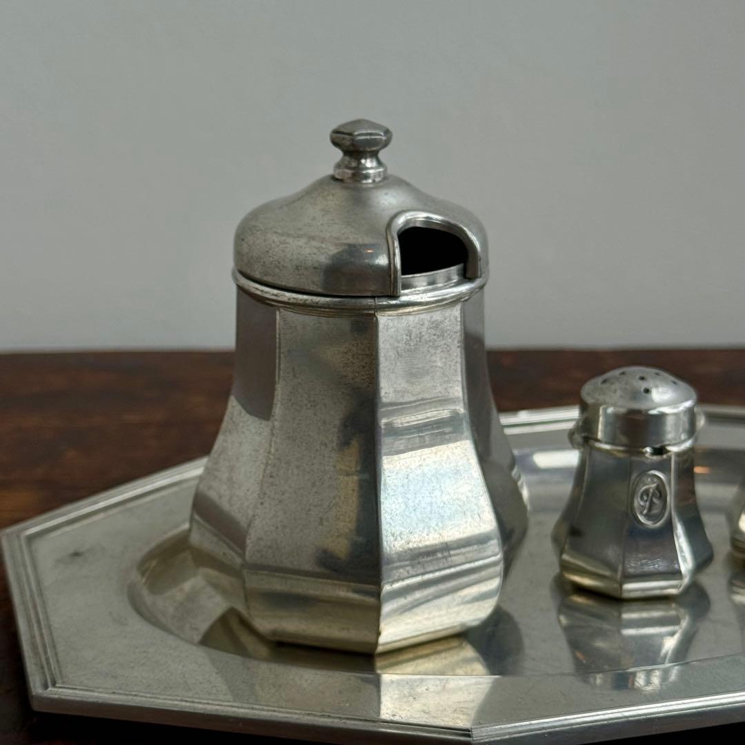 フランス製 トレイ＆シュガー・ソルト・ペッパー 4点セット ピューター 刻印有り