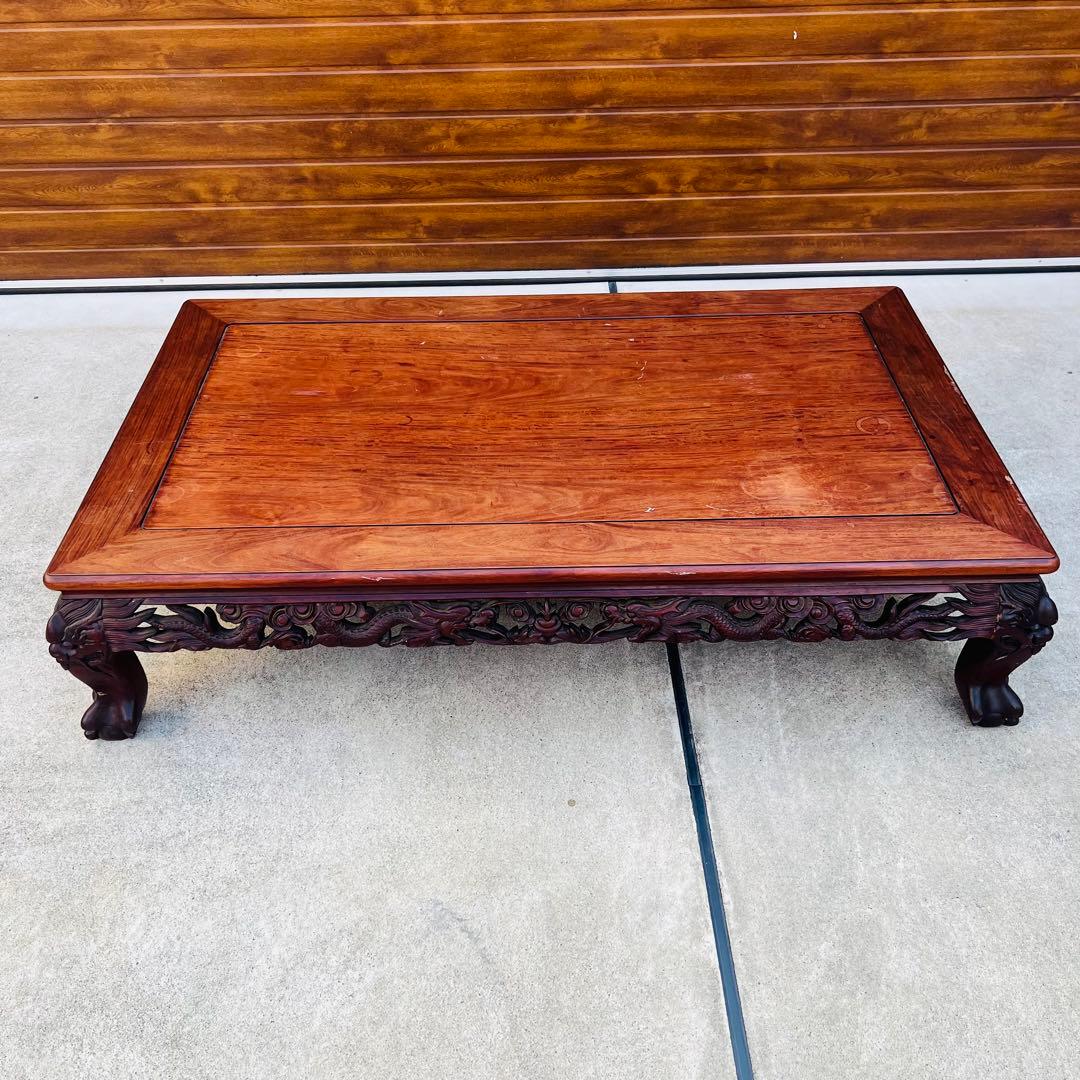 高級唐木　獅子龍彫刻付き　漆仕上げ　長座卓　150センチ幅　テーブル　一枚板