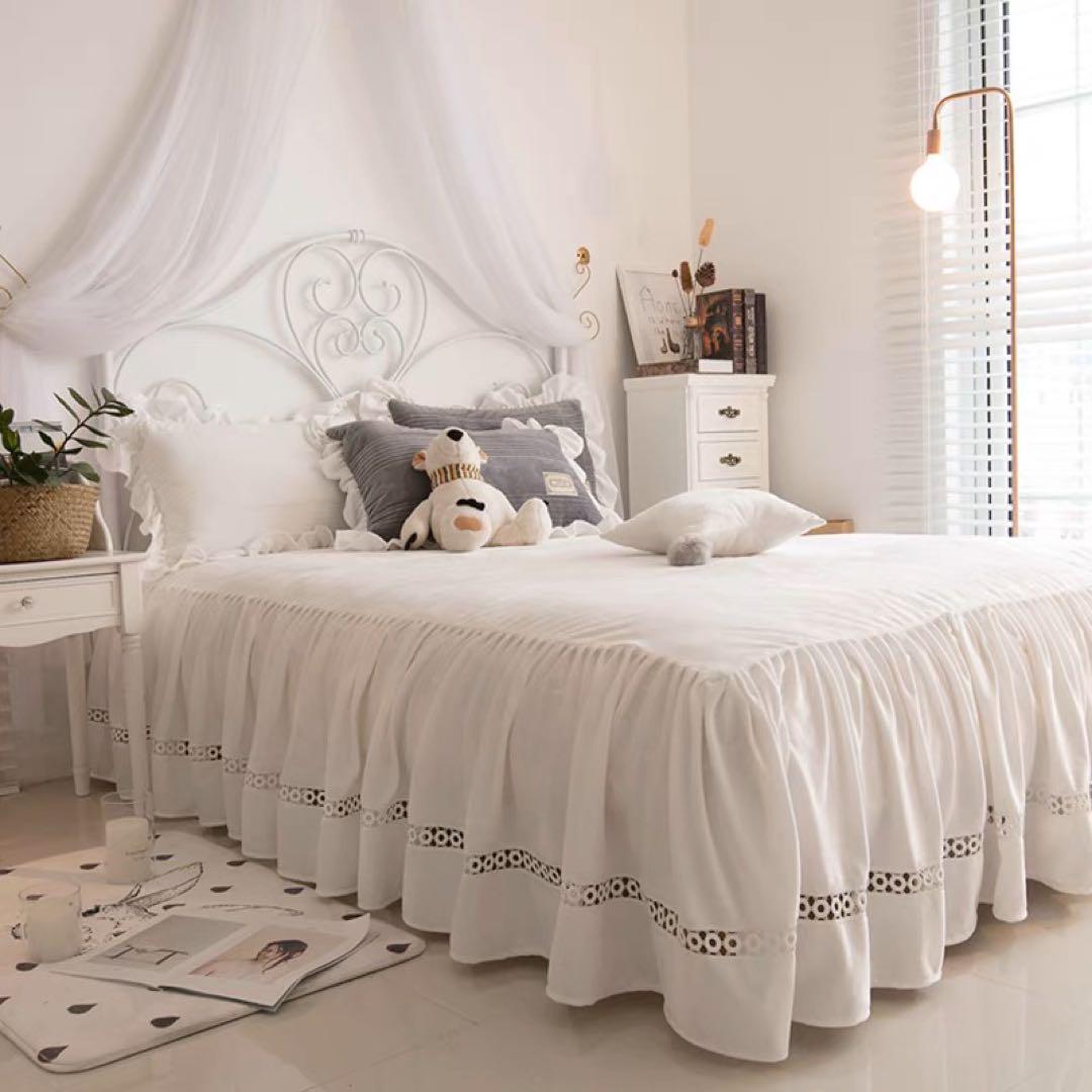 ホワイト コットン フリル付き セミダブルカバーセット