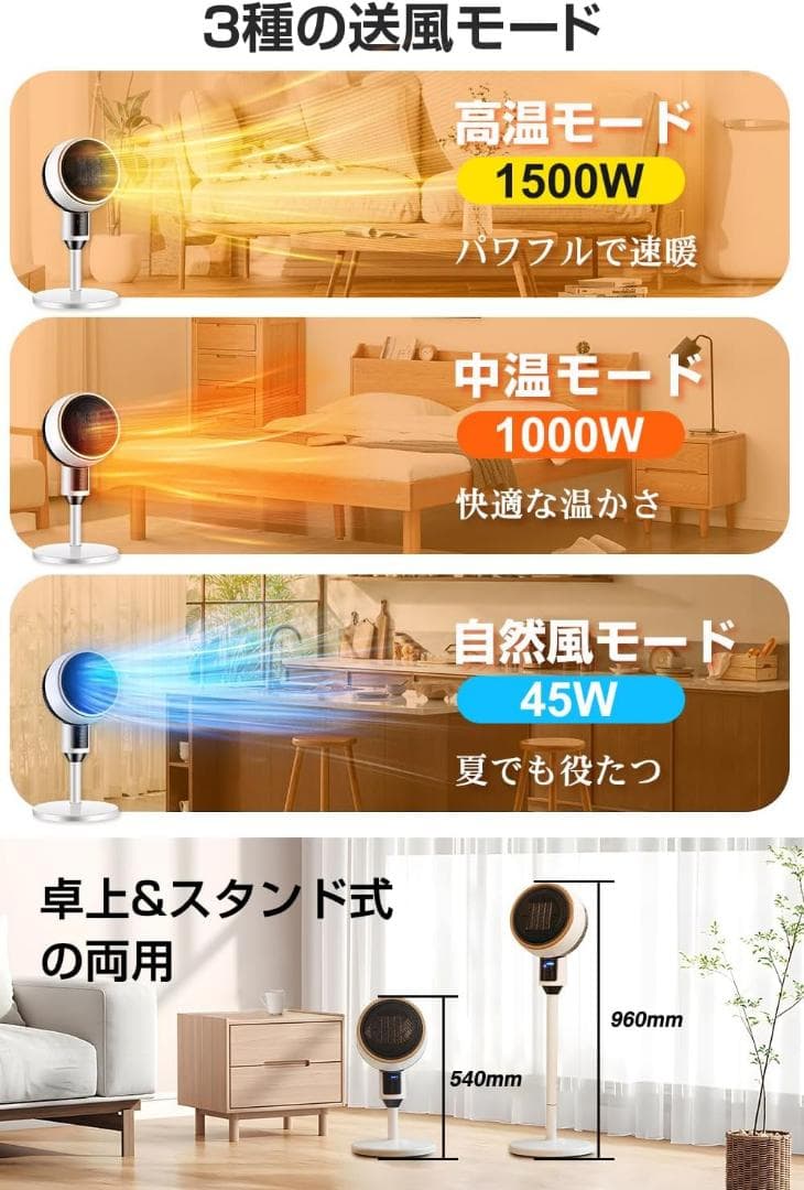 セラミックヒーター　3D首振り サーキュレーター式電気ファンヒーター　暖房器具