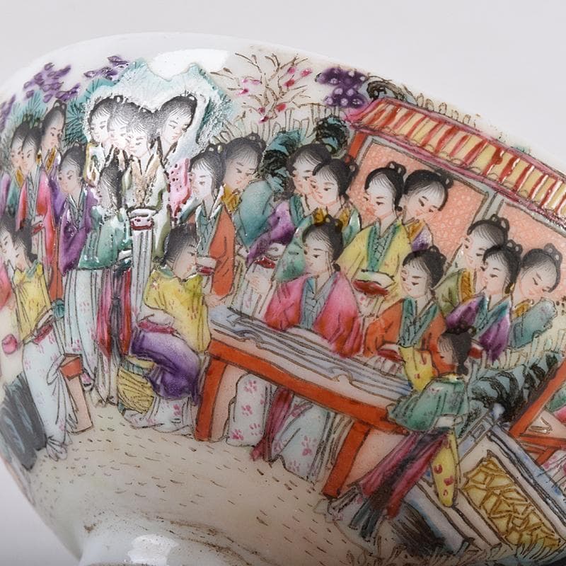 中国　大清光緒年製　粉彩　百美図　茶碗　一對　唐木台付　M　R8899