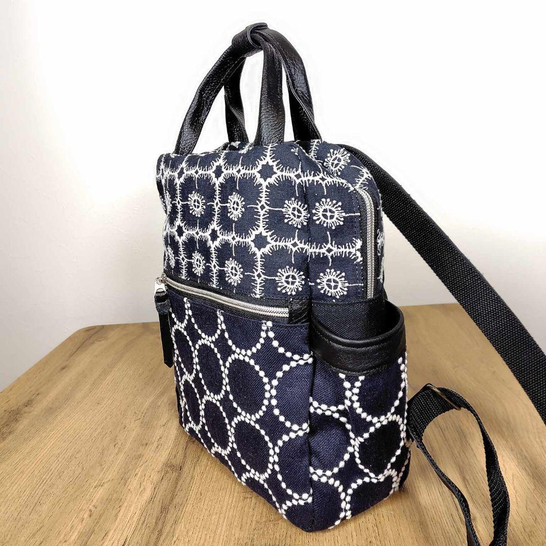 【専用】/タンバリンネイビー×アネモネ/ボストン型トートリュック本革黒