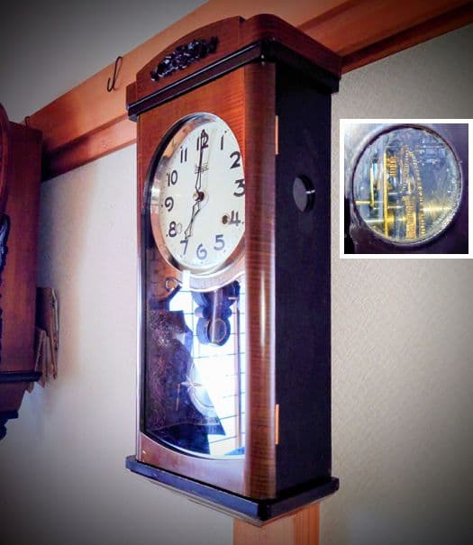 〈完動・美品〉明治時計　チンチャン打　宮型ゼンマイ振り子掛け時計　ボンボン時計