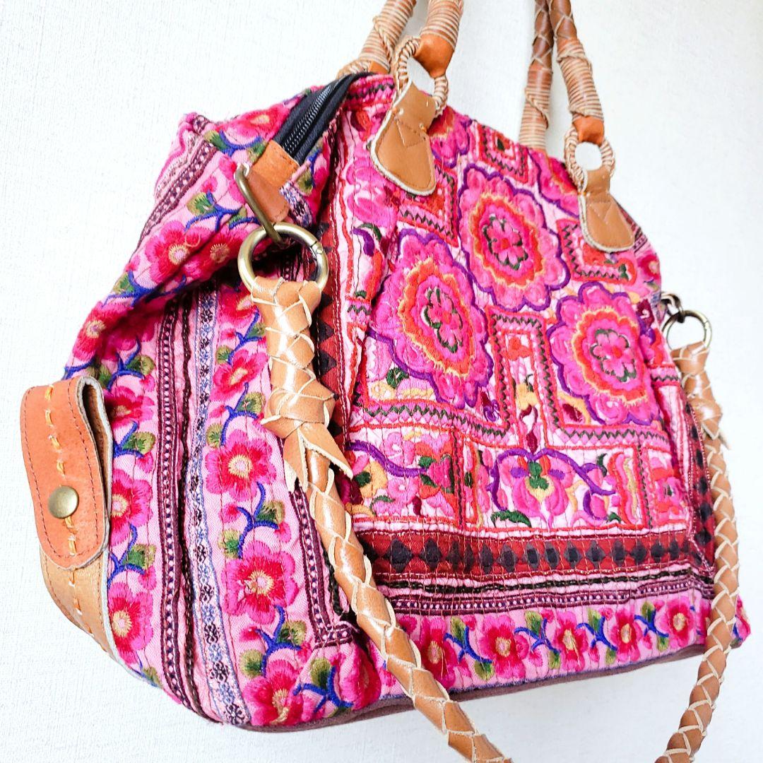 ★ 一点物 未使用 ★ アジア 少数民族 刺繍 古布 ショルダーバッグ ピンク