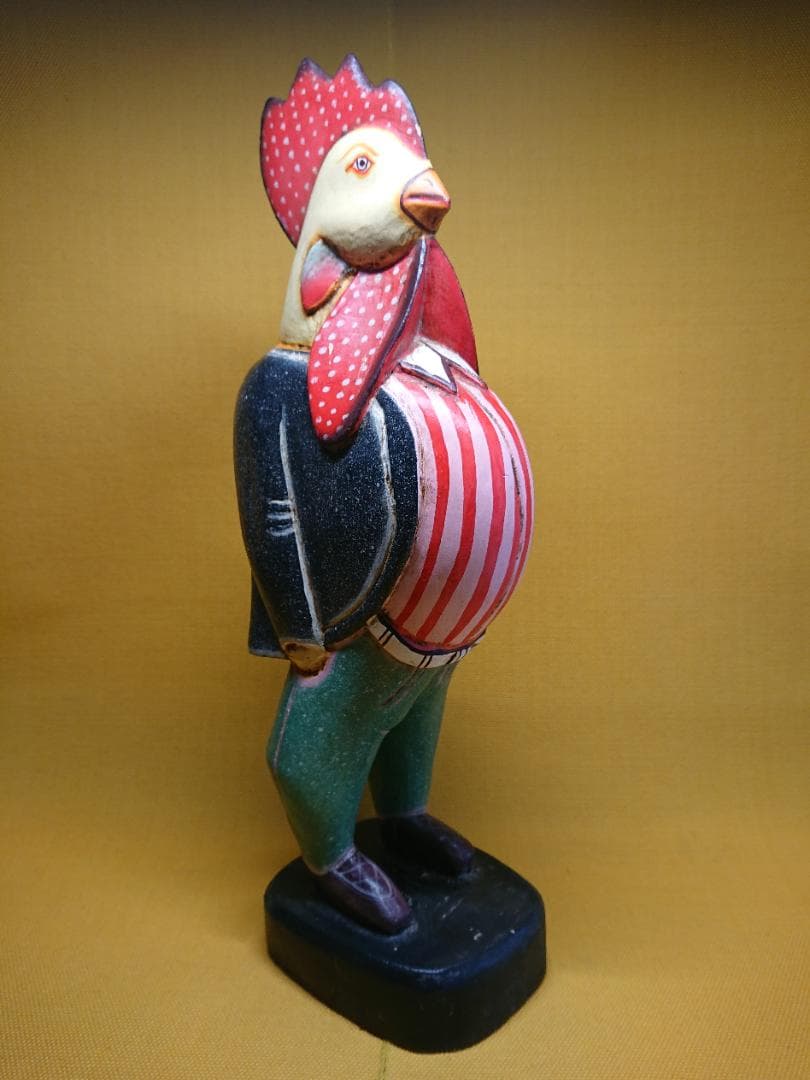 トリ　鶏　人形　木彫　手描き　置物　インテリア　工芸品　美術品　A3368