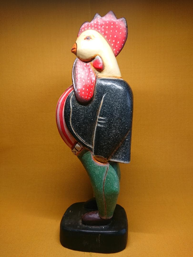 トリ　鶏　人形　木彫　手描き　置物　インテリア　工芸品　美術品　A3368