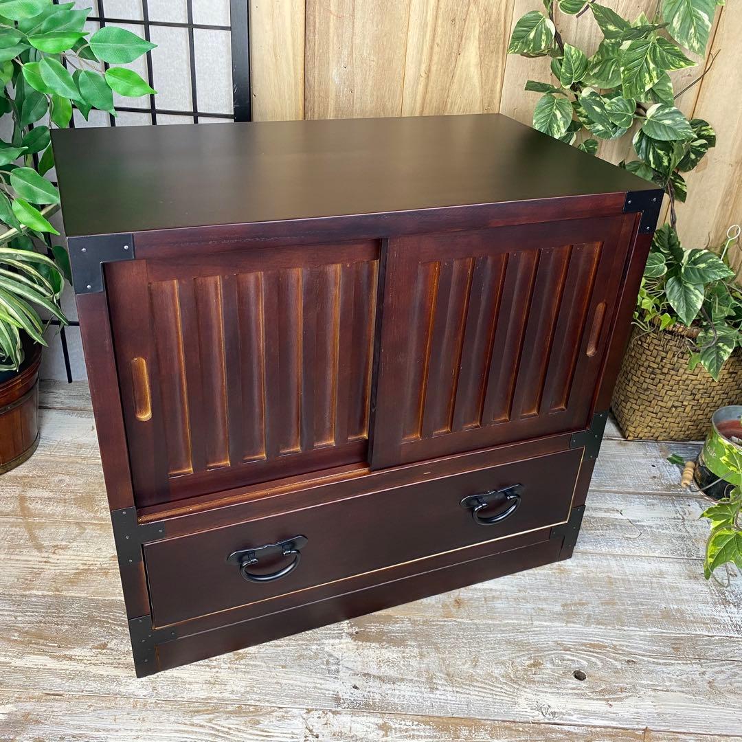 民芸家具木製桐材天然無垢引き戸付きタンスチェスト収納飾り棚箪笥和室インテリア