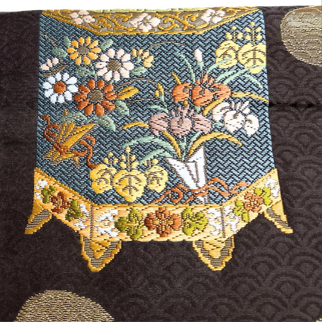 袋帯　貝桶　扇　花紋　花束　桐の花　七宝　貝合わせ　着物　123b d ms