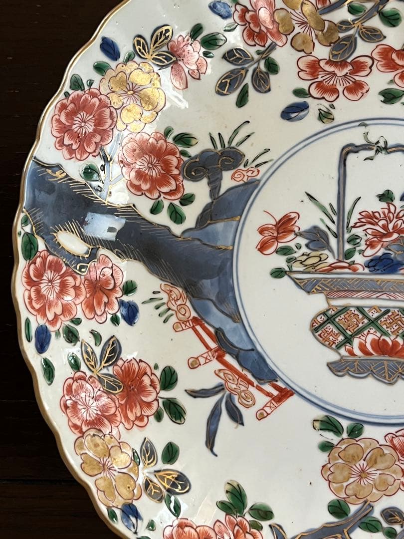 希少清朝初期　康熙年間　五彩　桜花輪花八寸皿　花籠　中国古玩古伊万里中国古美術