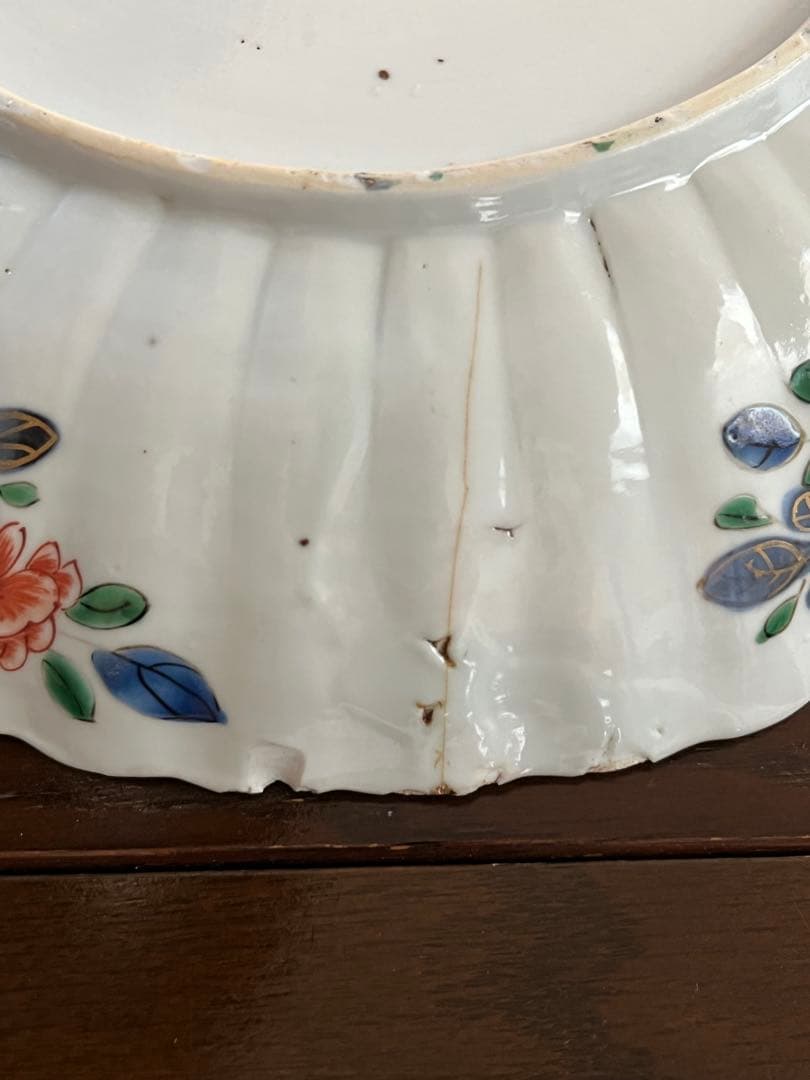 希少清朝初期　康熙年間　五彩　桜花輪花八寸皿　花籠　中国古玩古伊万里中国古美術