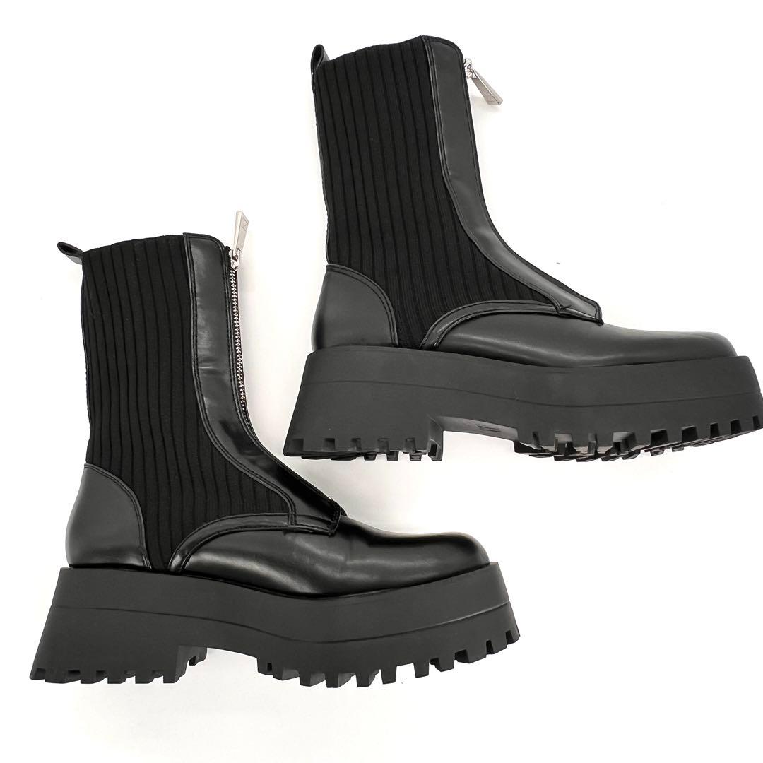 【美品】ZARA ザラ 厚底 ソックスブーツ フロントジップ トラックソール