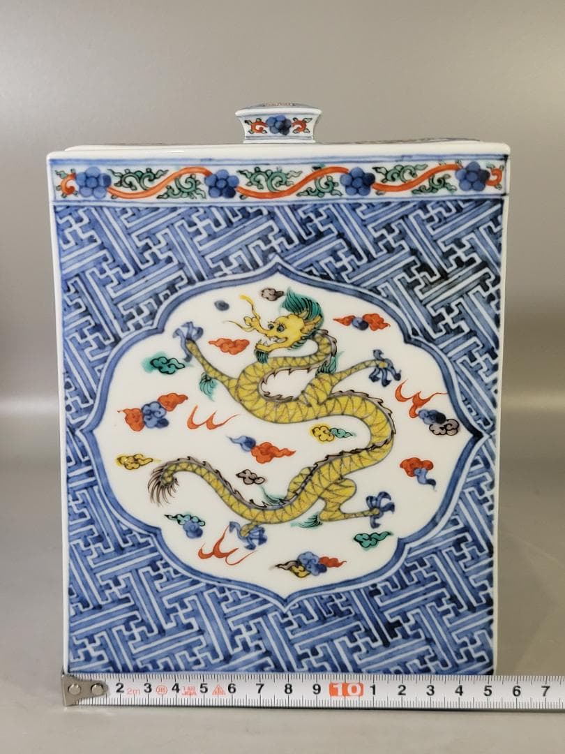 茶道具 萬暦赤絵 四方 蓋物 水指 美品 DT770