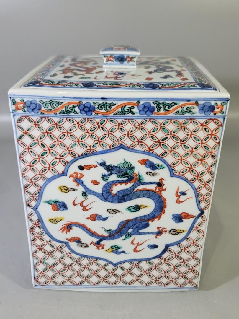 茶道具 萬暦赤絵 四方 蓋物 水指 美品 DT770