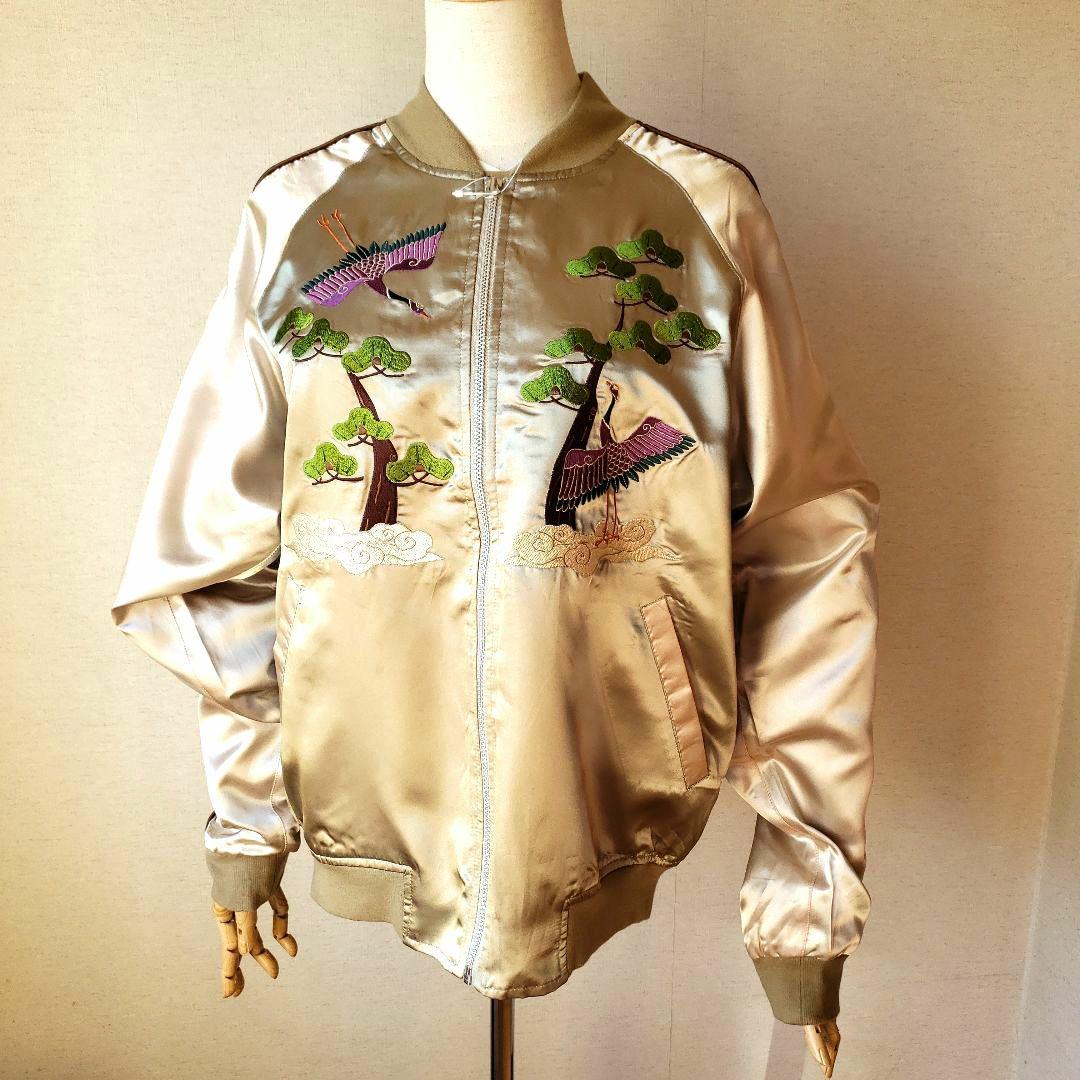 ★未着用★ マッシュマニア スカジャン ゴールド サテン 鶴 松 刺繍