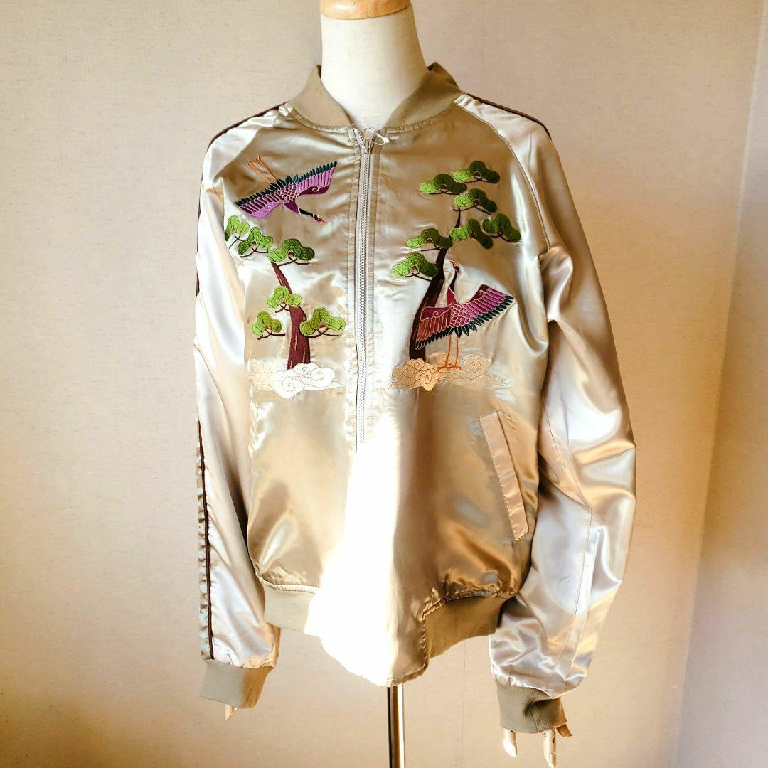 ★未着用★ マッシュマニア スカジャン ゴールド サテン 鶴 松 刺繍